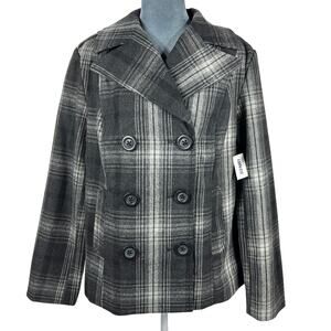 Old Navy Plaid Pea Coat Sz Large Black Gray Preppy Academia Goth Poly/Wool NEW!